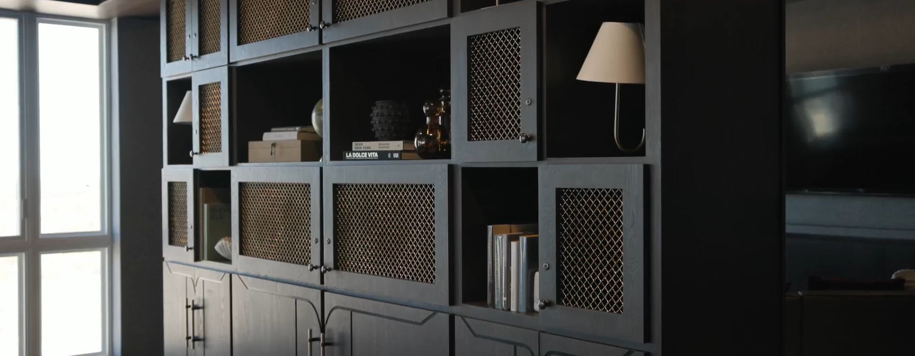 dark, moody library with dark paint