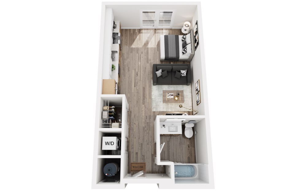 A1 - Studio floorplan layout with 1 bathroom and 526 square feet (3D)