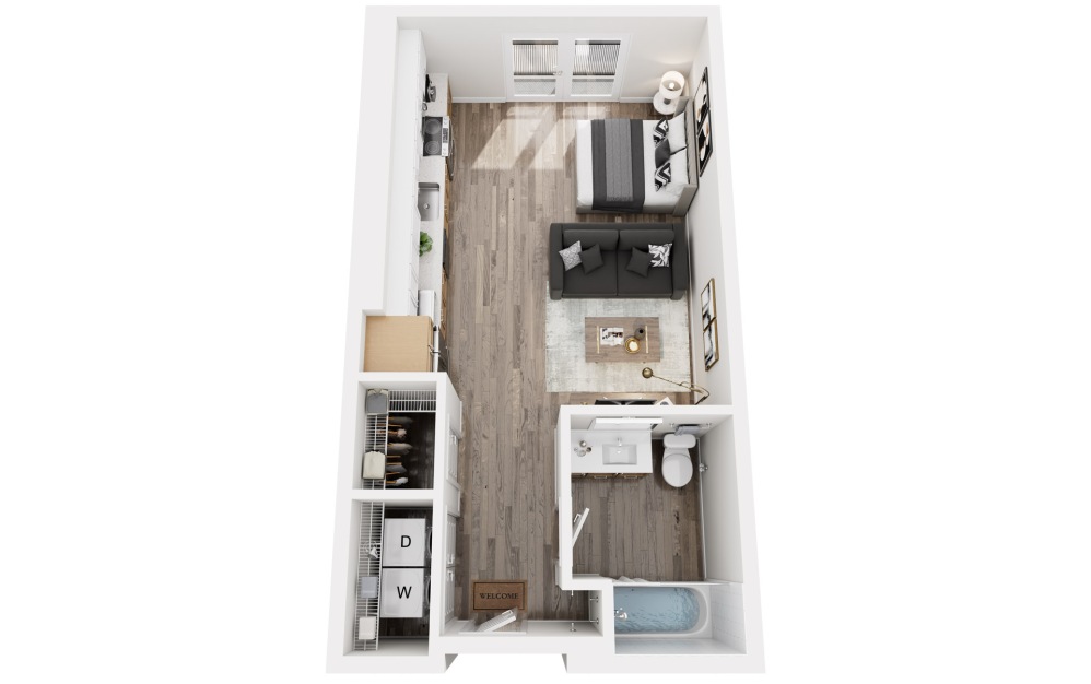 A Type A - Studio floorplan layout with 1 bathroom and 526 square feet (3D)