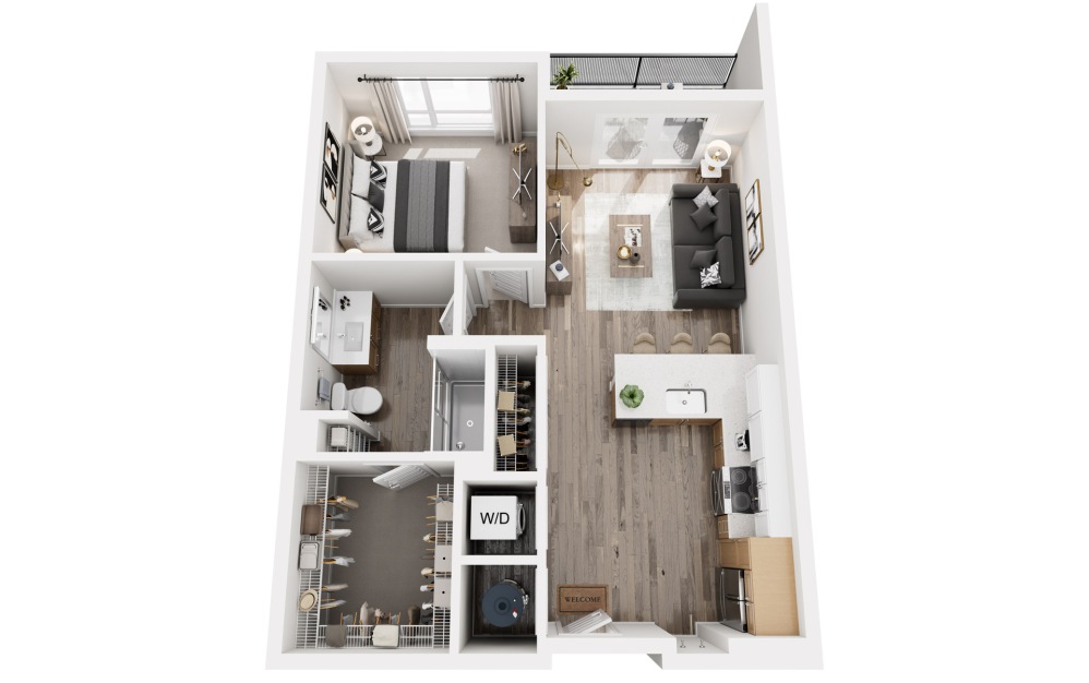 B1 - 1 bedroom floorplan layout with 1 bathroom and 717 square feet (3D)
