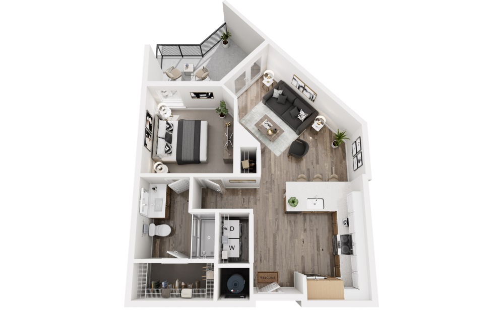 B3 - 1 bedroom floorplan layout with 1 bathroom and 705 square feet (3D)