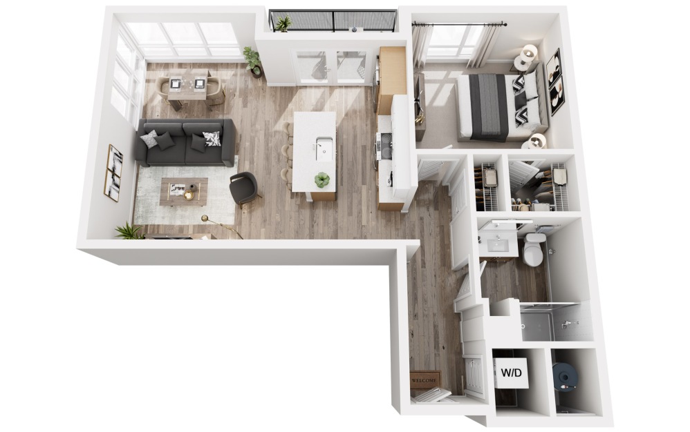 B4 - 1 bedroom floorplan layout with 1 bathroom and 822 square feet (3D)