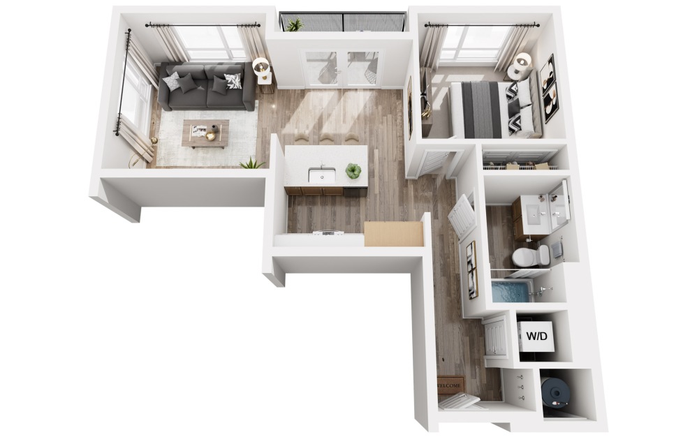 B5 - 1 bedroom floorplan layout with 1 bathroom and 709 square feet (3D)