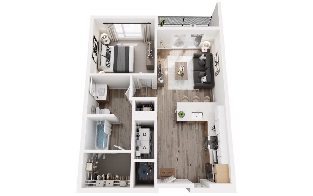 B TYPE A - 1 bedroom floorplan layout with 1 bathroom and 717 square feet (3D)