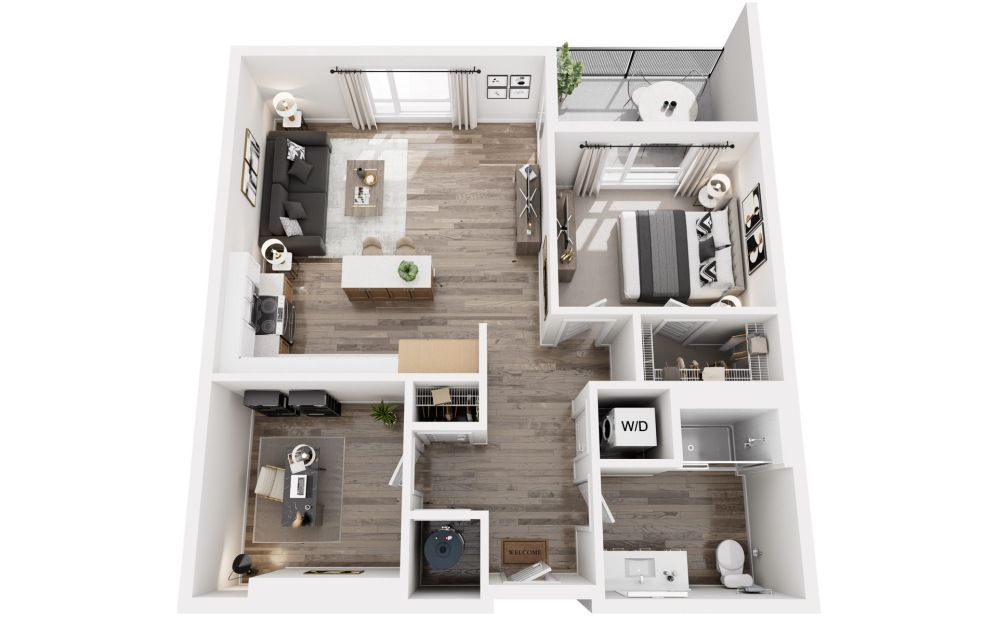 C2 - 1 bedroom floorplan layout with 1 bathroom and 890 square feet (3D)