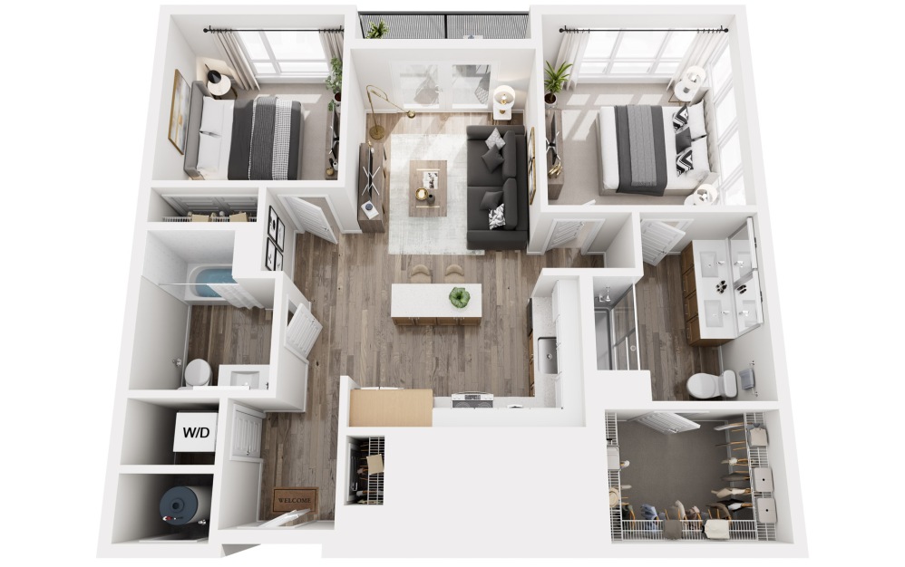 D1 - 2 bedroom floorplan layout with 2 bathrooms and 976 square feet (3D)
