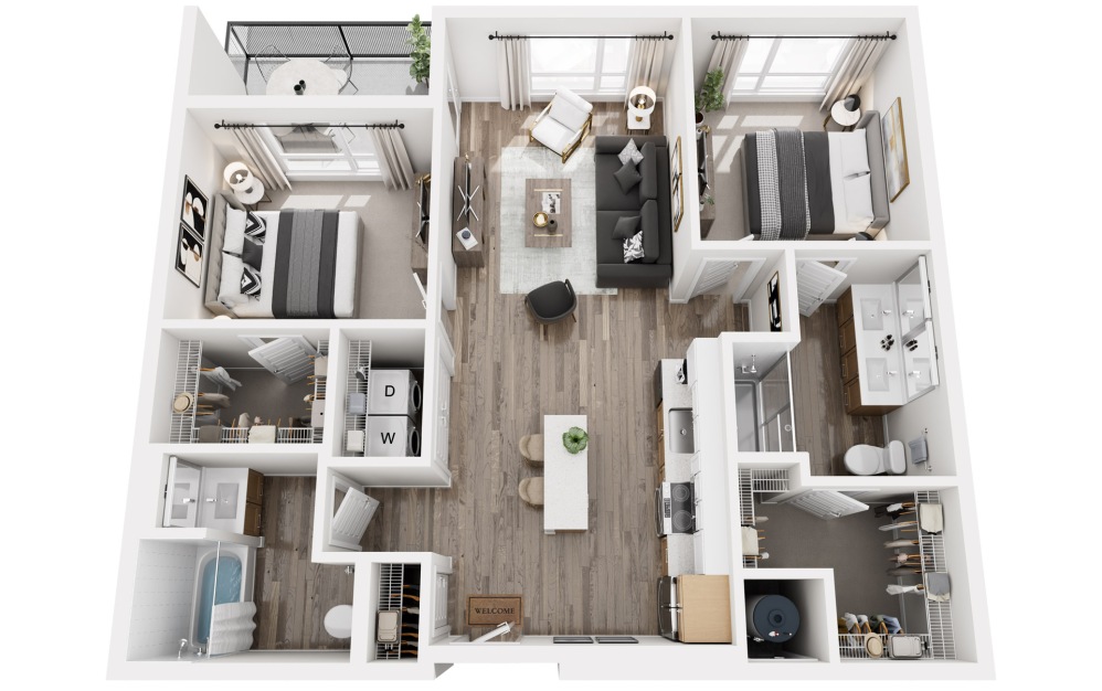 D2 - 2 bedroom floorplan layout with 2 bathrooms and 1041 square feet (3D)