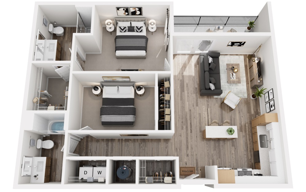 D3 - 2 bedroom floorplan layout with 2 bathrooms and 1164 square feet (3D)