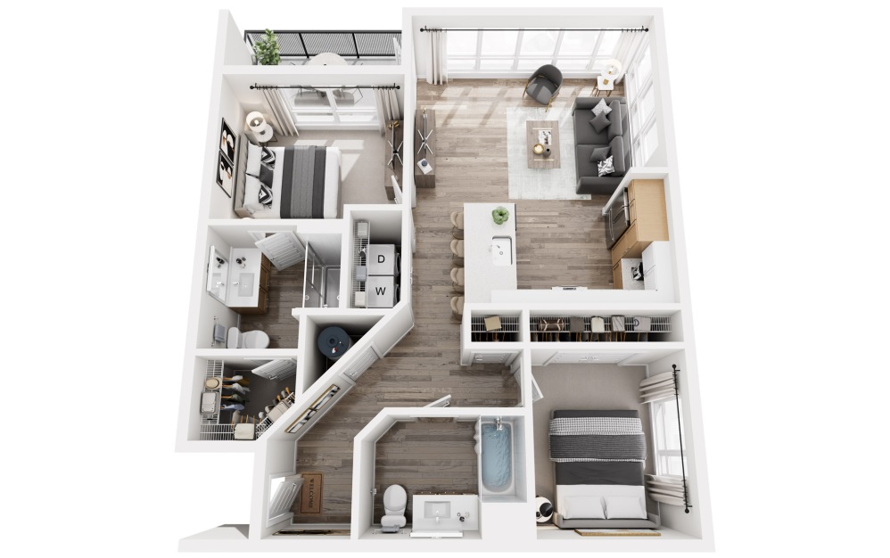 D4 - 2 bedroom floorplan layout with 2 bathrooms and 1007 square feet (3D)