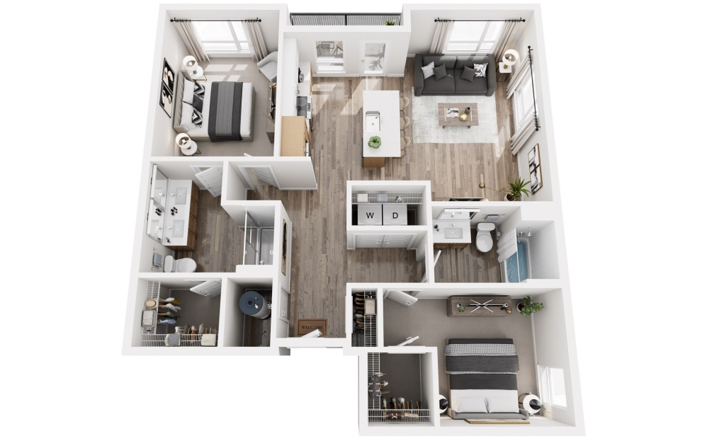D5 - 2 bedroom floorplan layout with 2 bathrooms and 1131 square feet (3D)