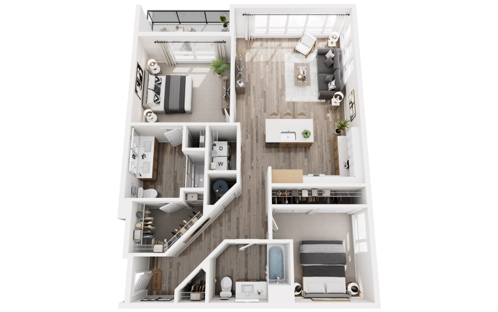 D6 - 2 bedroom floorplan layout with 2 bathrooms and 1239 square feet (3D)