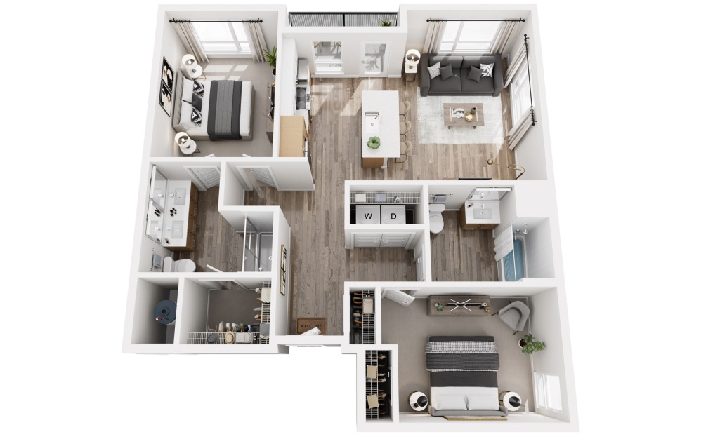 D TYPE A - 2 bedroom floorplan layout with 2 bathrooms and 1131 square feet (3D)