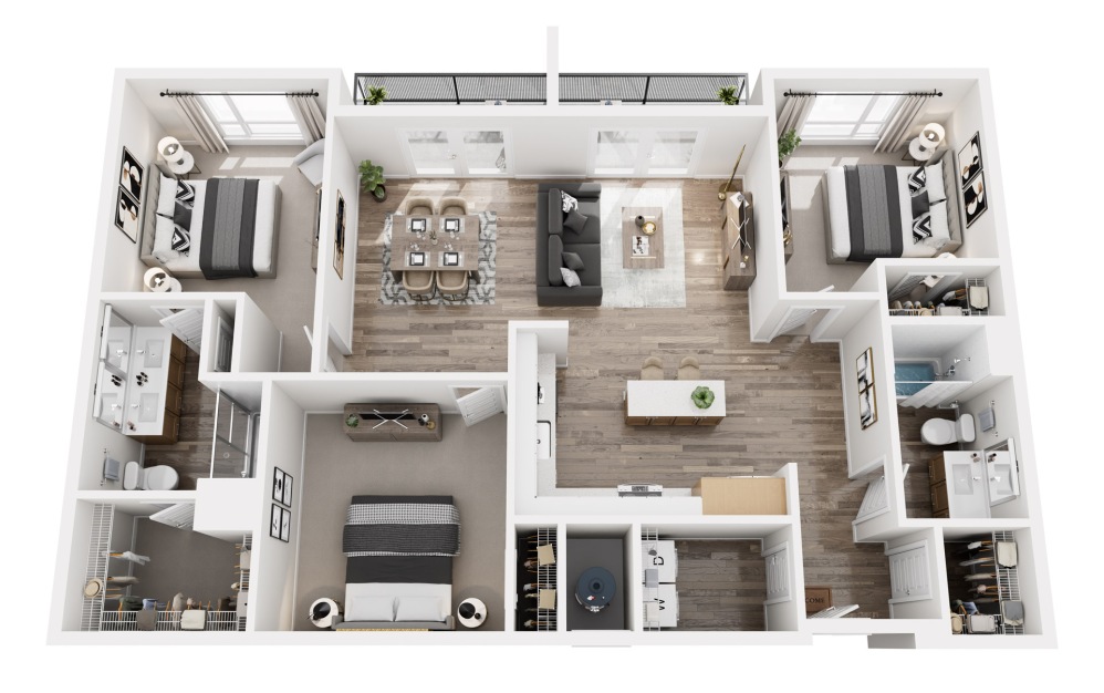 F1 - 3 bedroom floorplan layout with 2 bathrooms and 1434 square feet (3D)